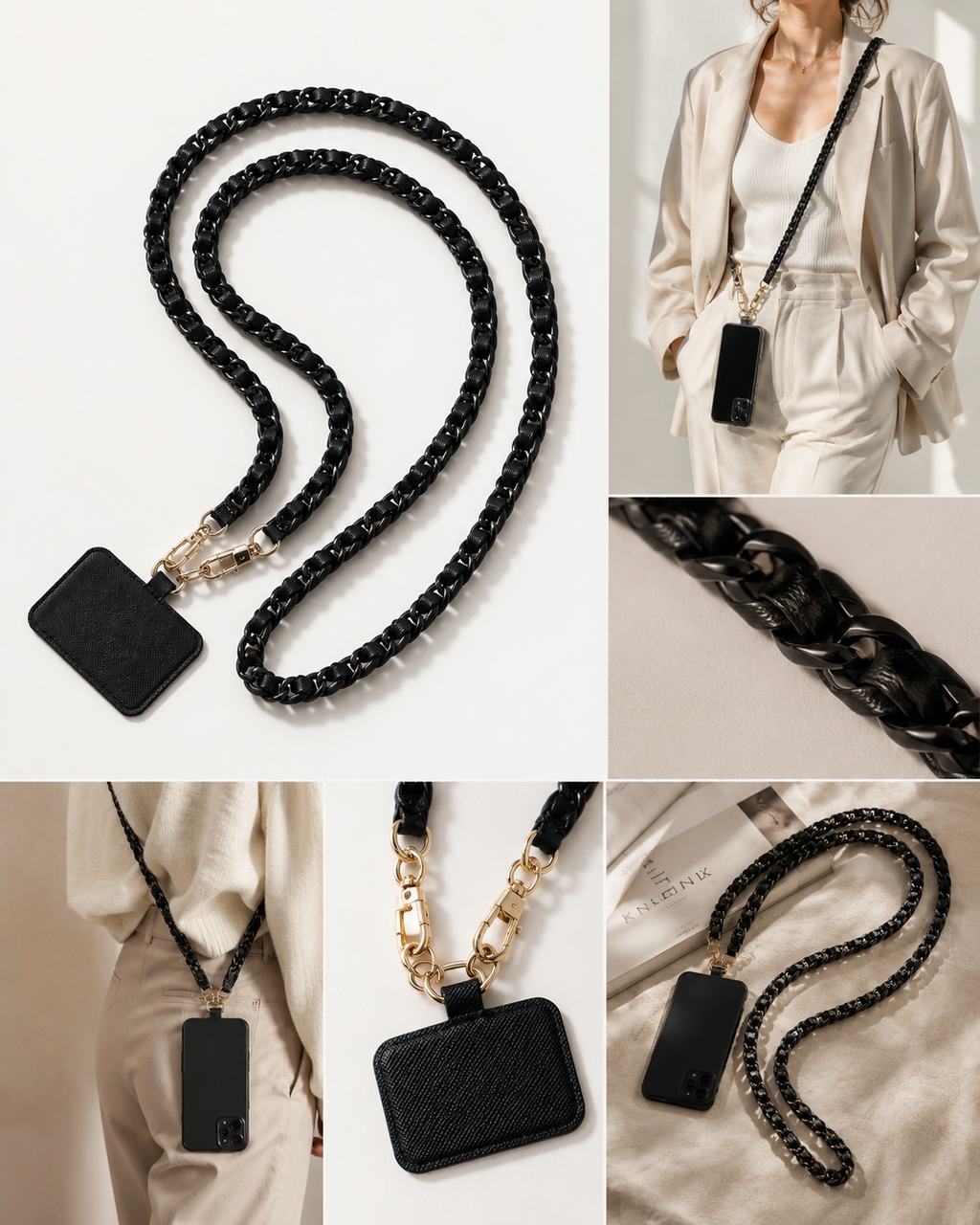Product collage showing a black faux leather and acrylic crossbody phone chain with close-up detail views.