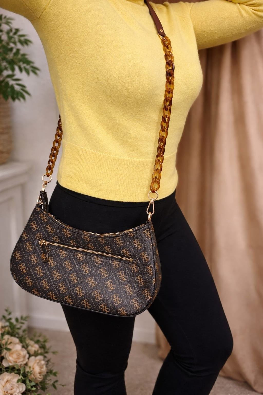 Brown faux leather and acrylic crossbody chain used as a stylish replacement handbag strap with gold-tone hardware.