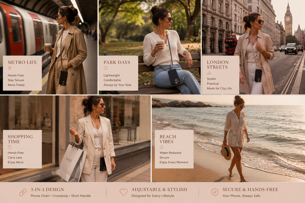 Lifestyle collage showing different ways to wear an adjustable crossbody phone chain.