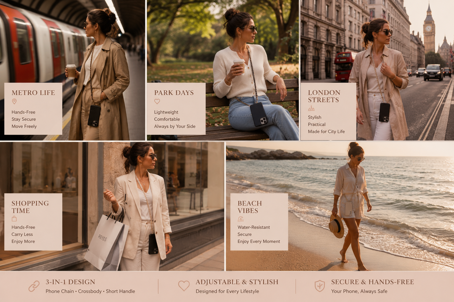 Lifestyle collage showing different ways to wear an adjustable crossbody phone chain.
