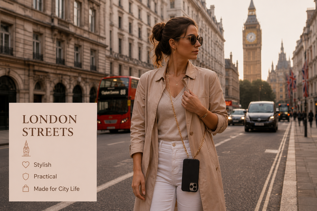 Woman walking in London wearing a black faux leather and acrylic crossbody phone chain.